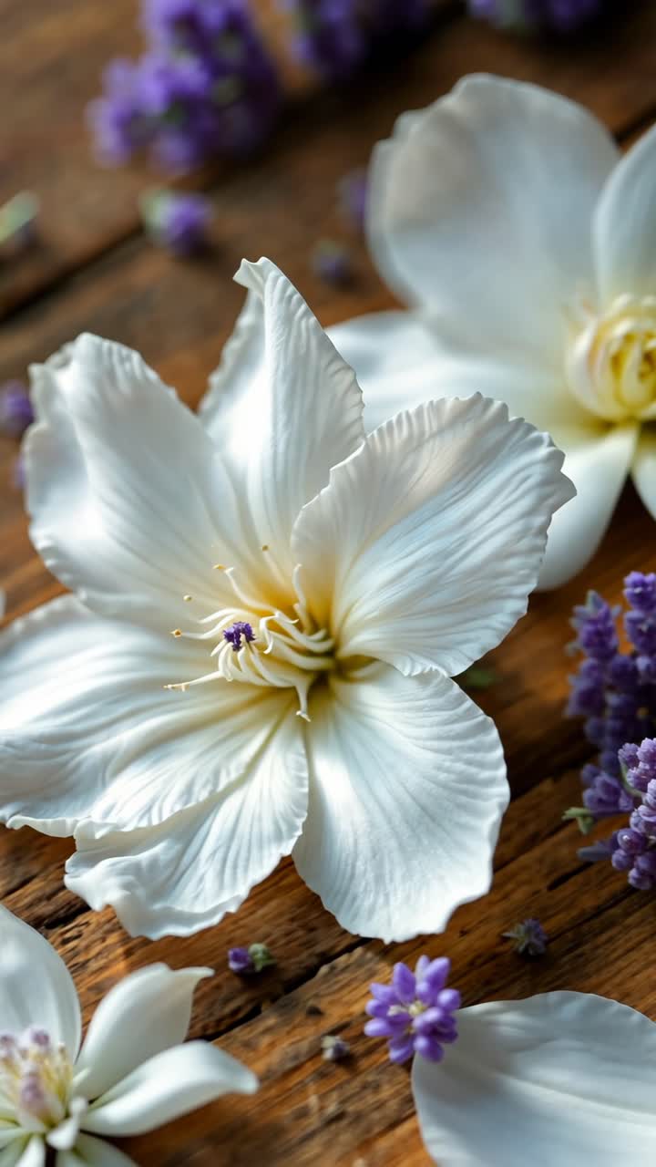 White Flowers and Lavender on Wooden Background