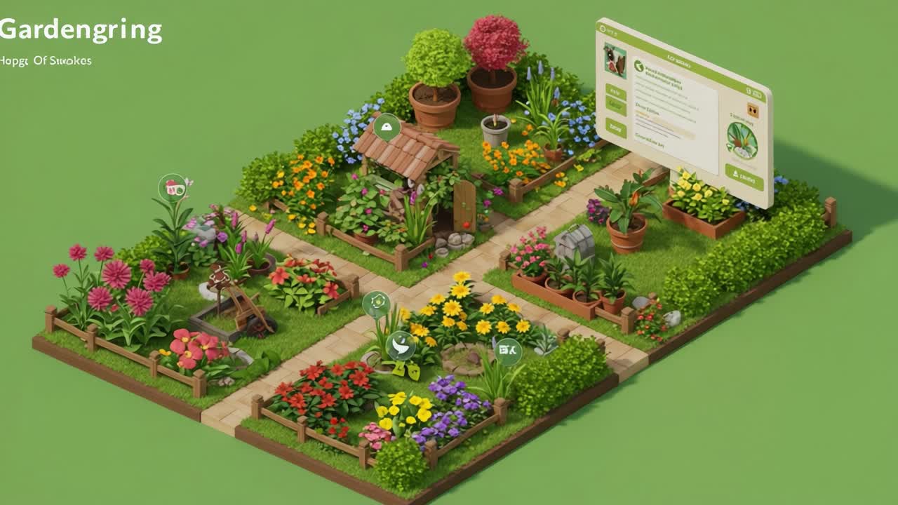 A Vibrant Digital Garden Design Featuring Lush Plants, Colorful Flowers, and Interactive Elements in a Charming Virtual Landscape