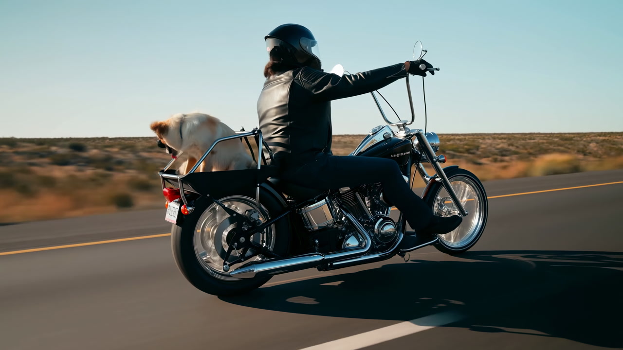 Biker On Motorcycle With Dog Passenger Riding Desert Highway At Sunset, Leather Jacket And Helmet, Chrome