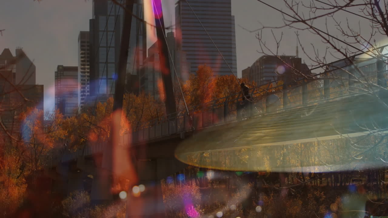 two male friends walking on suspension bridge downtown, with floating business chart graphics