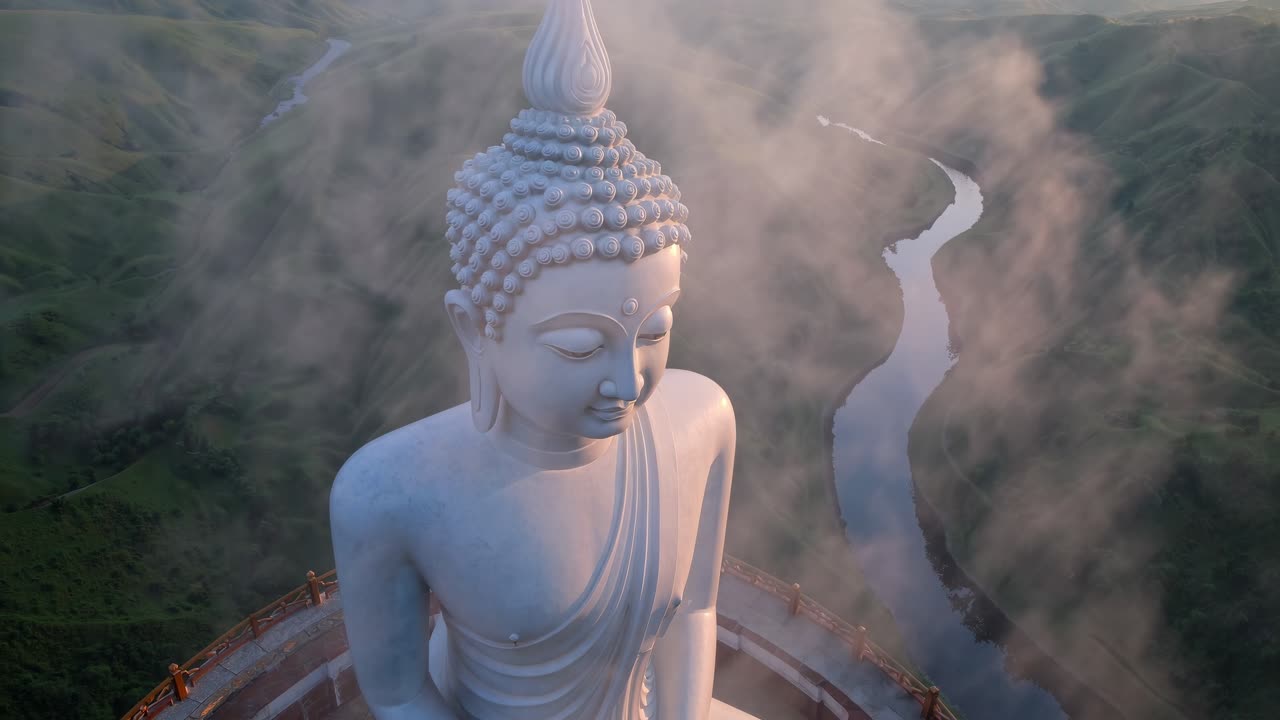 paisaje sereno del valle con estatua blanca de buda con vistas a un río serpenteante, nubes suaves a la deriva sobre el paisaje verde, que simboliza la armonía espiritual y la tranquilidad zen