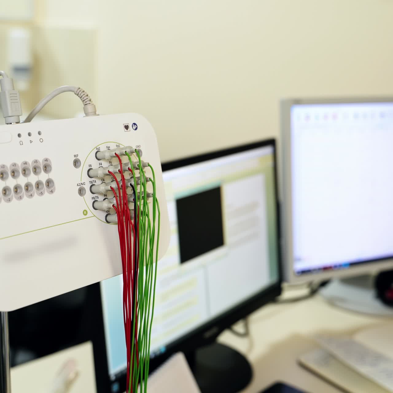 Special equipment for brain testing in the hospital. Electric sensors for electroencephalographic examination. Blurred backdrop