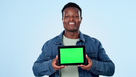 Talking,-black-man-and-a-green-screen-tablet