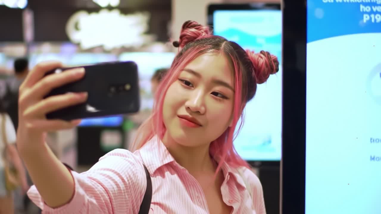 A young woman with pink hair and playful buns takes a selfie in a vibrant setting, capturing a moment of joy and modern self-expression amidst a lively backdrop.