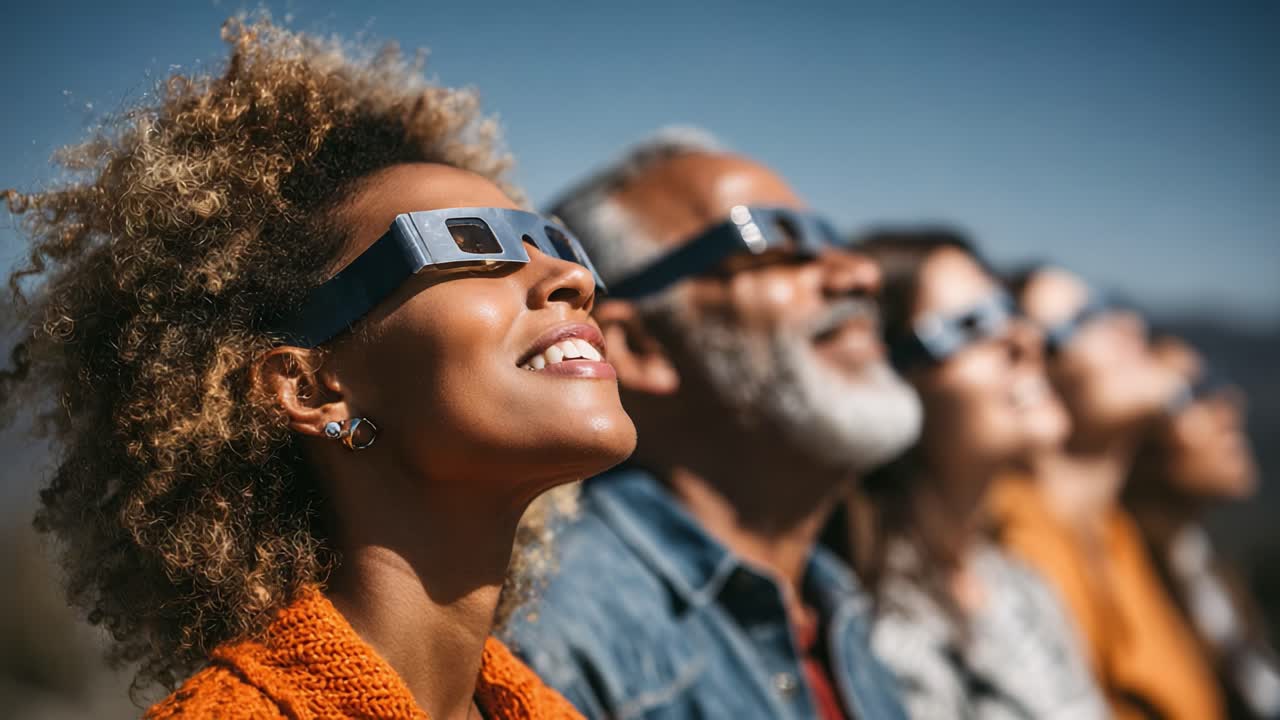 A group of friends gazes upwards in excitement while wearing solar viewing glasses, enjoying a celestial event under a clear blue sky, capturing moments of wonder and connection