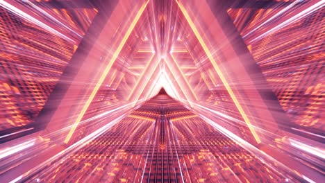 Gráficos-De-Movimiento-Computarizados-De-Movimiento-A-Través-De-Un-Túnel-Espacial-Triangular-Colorido-Con-Luz-De-Iluminación-Emitida-Desde-El-Centro,-Representación-3d-E-Ilustración