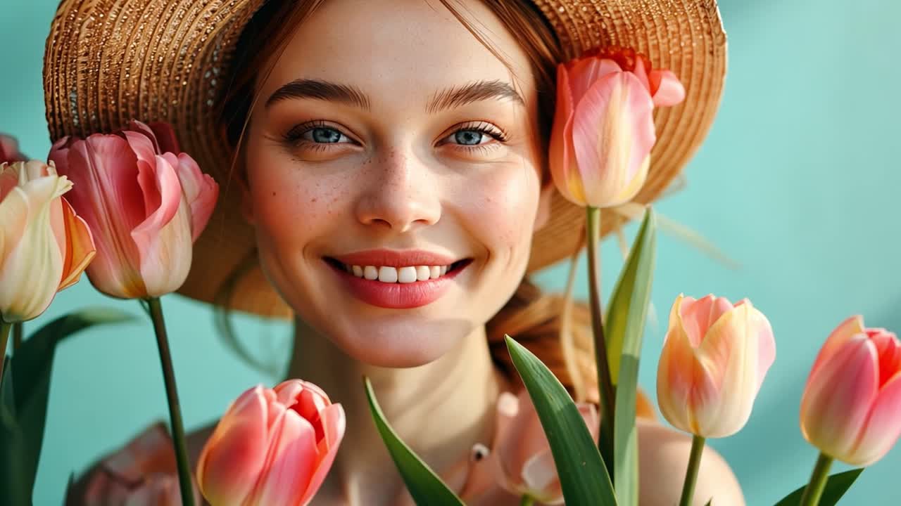 Smiling woman with a straw hat surrounded by pink tulips