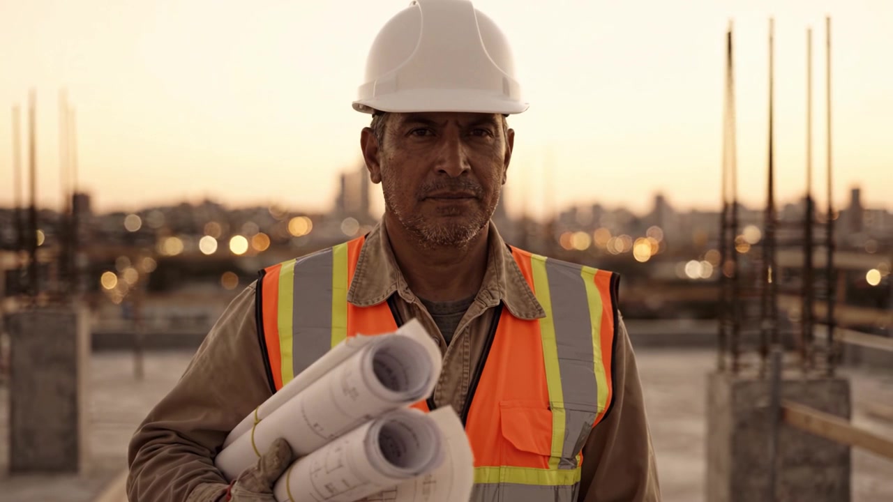 Um trabalhador da construção experiente posiciona-se com confiança num canteiro de obras, segurando plantas, usando um capacete e vestuário refletivo enquanto o sol se põe ao fundo.