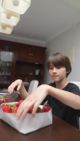 boy picking strawberries at home