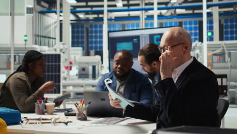 sustainability department team compiling reports on solar panel plant emissions