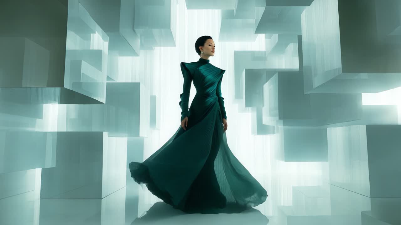 A Mesmerizing Display of Elegance and Innovation: A Model in a Stunning Dark Green Dress Navigating a Surreal, Cubist Environment Filled with Ethereal Light and Reflections