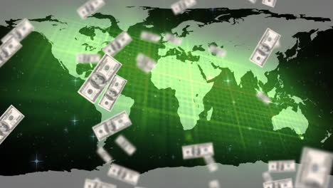 animación de billetes de dólares estadounidenses flotando sobre el mapa del mundo