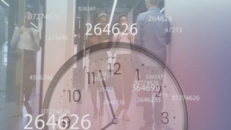 clock and numbers animation over business people walking in office hallway