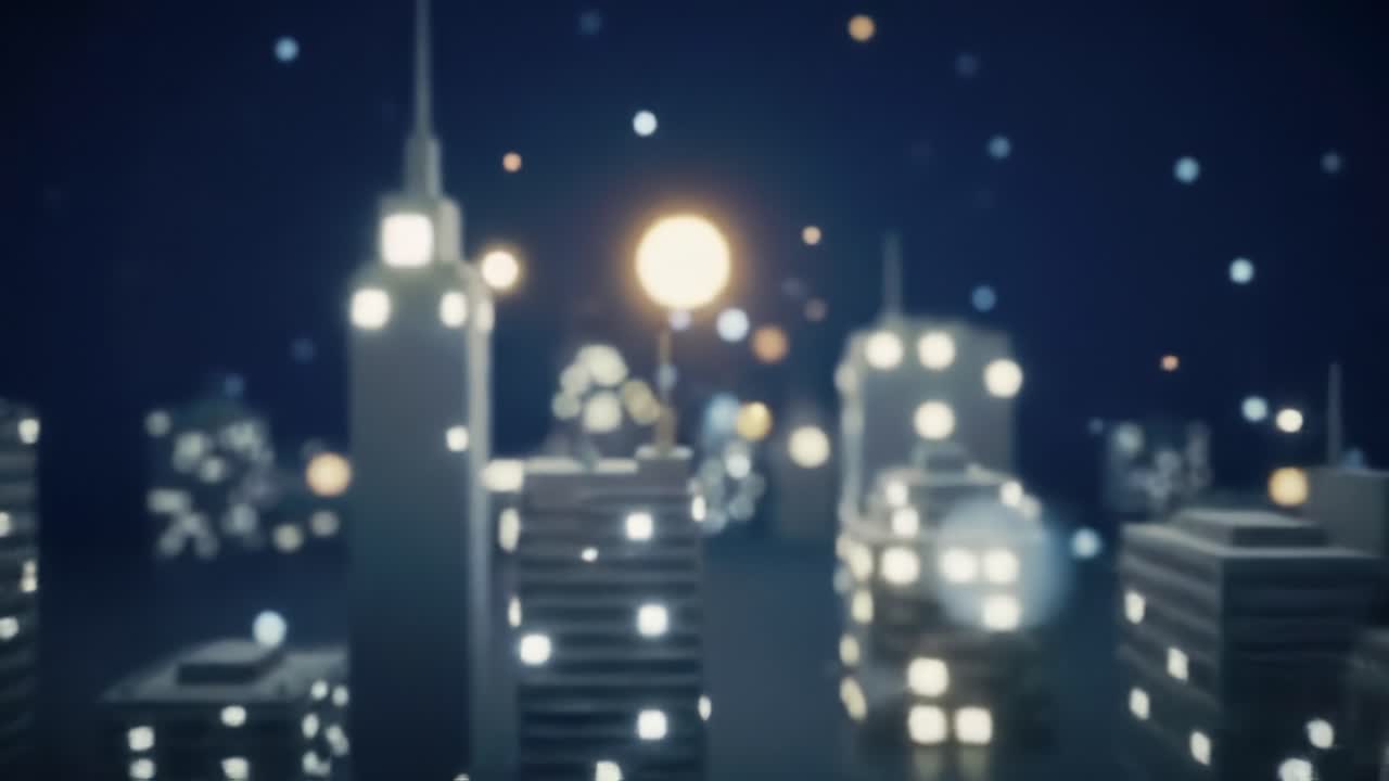 A mesmerizing journey through a dreamy urban landscape at night, featuring a blurred city skyline adorned with shimmering lights and a starry sky that captivates the imagination.