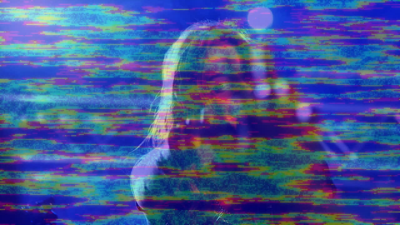 woman exploring glitch art, overlaying pixel noise animations, enhancing technology design concept