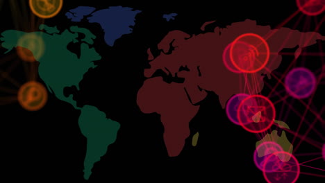 animation of network of connected media icons moving over world map