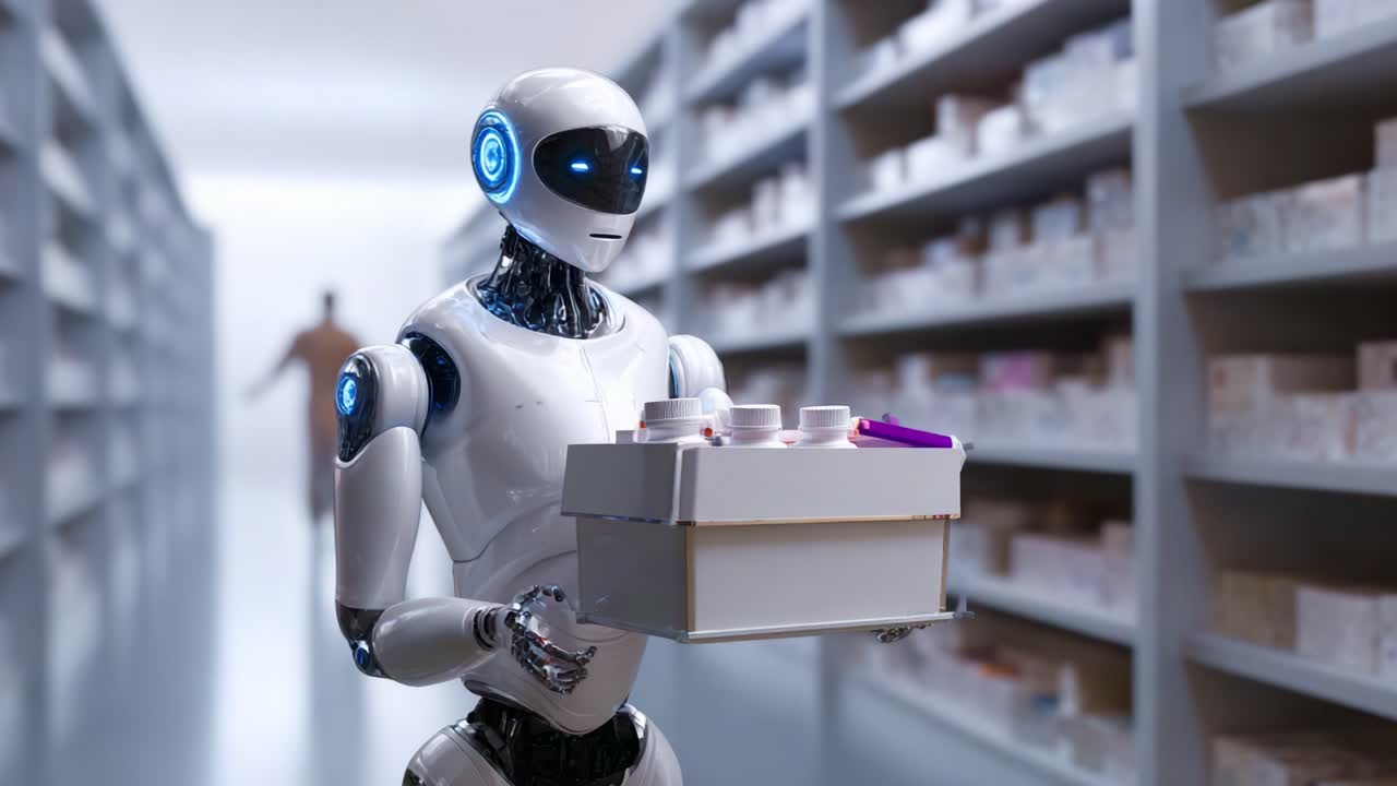 Un robot futuristico trasporta con attenzione una scatola di provviste attraverso un magazzino moderno, mostrando tecnologia avanzata e automazione all'interno della logistica quotidiana