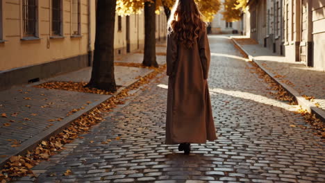 woman walking down a cobblestone street in autumn