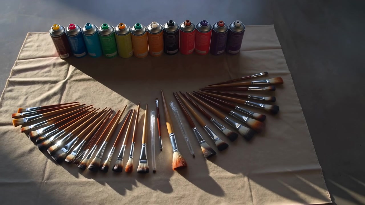 Una disposizione di materiali artistici su un tavolo con luce naturale, che mostra una prospettiva dall'alto creativa e organizzata. La scena presenta tubetti di vernice multicolori e pennelli marroni, idealmente disposti.
