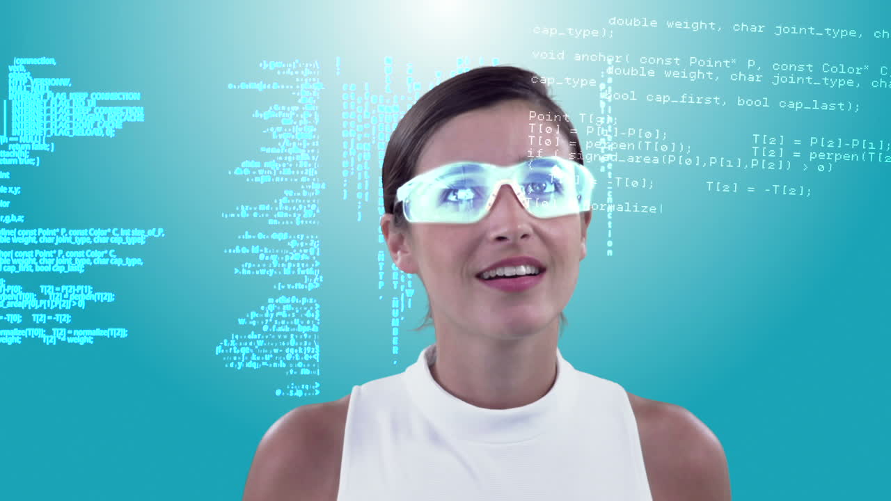 mujer de negocios mirando texto y gráficos generados digitalmente