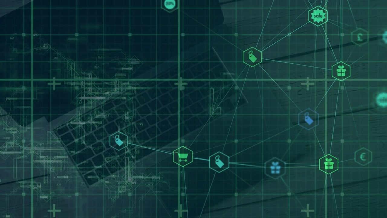 Animation of network of connections with icons over laptop