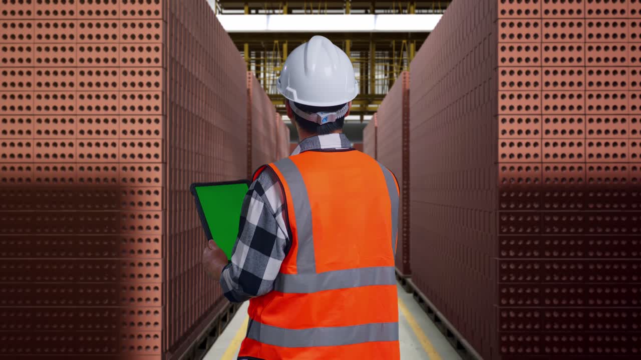 Worker Inspecting Brick Inventory in a Warehouse