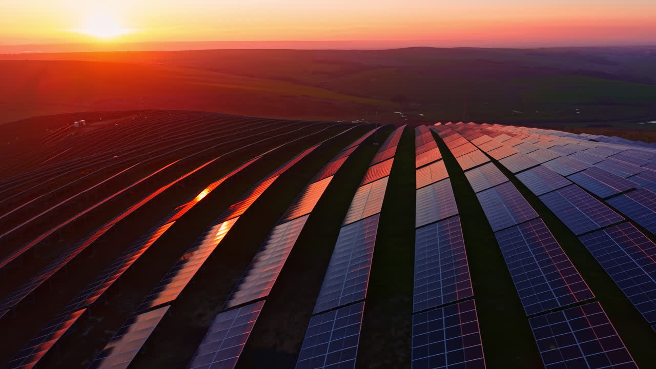 Levende solnedgang over en solcellepark med vedvarende energipaneler, der spejler gyldne nuancer i et vidtstrakt landskab