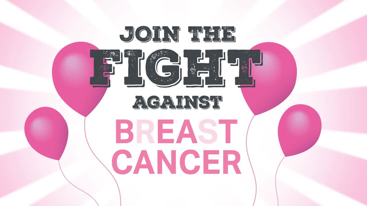 분홍색 유방암 텍스트 위에 날아다니는 분홍색 풍선의 애니메이션