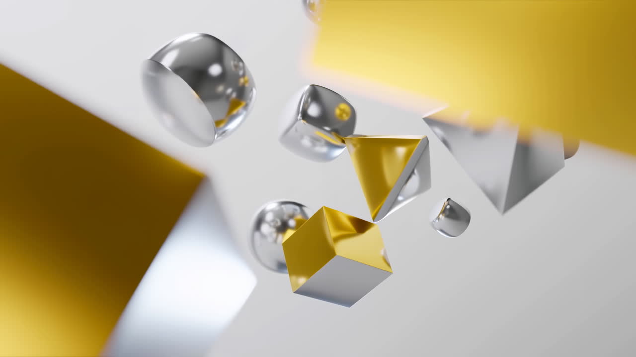 Abstraktní 3D zlaté a stříbrné geometrické tvary vznášející se