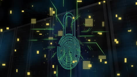 animation of biometric padlock, circuit board and digital data processing over computer servers
