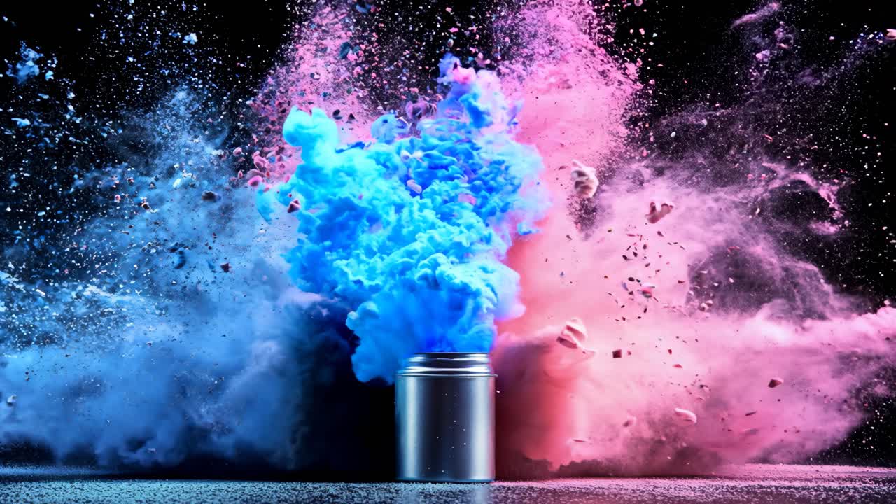A blue and pink explosion of powder is in the air. The blue and pink powder is coming from a can