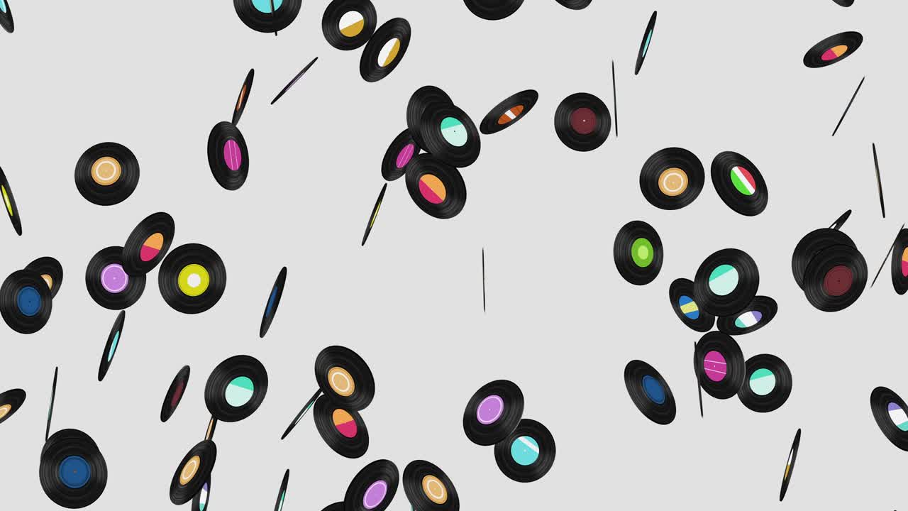 색 배경에 많은 비닐 레코드를 날아. 오래된 기술. 레트로 디자인. 음악 레코드 회전의 3d 애니메이션. 루프 애니메이션.