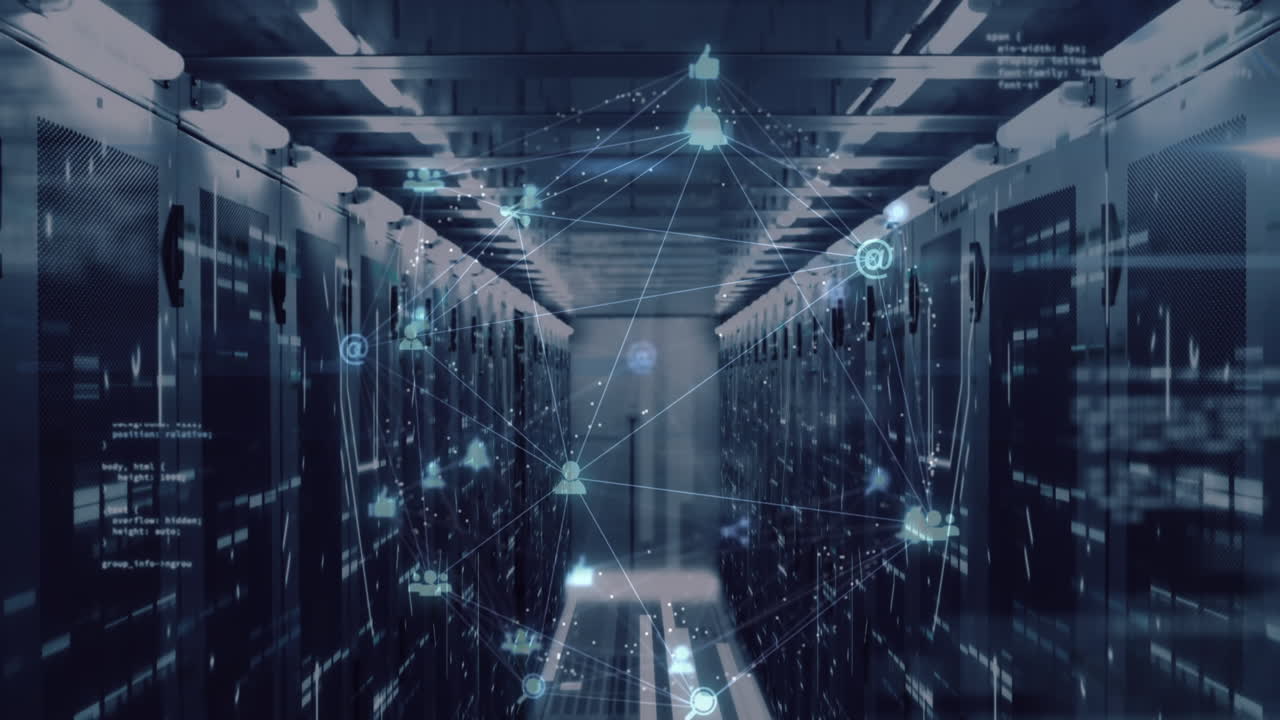 Animation of spinning globe of digital icons, data processing and mosaic squares against server room