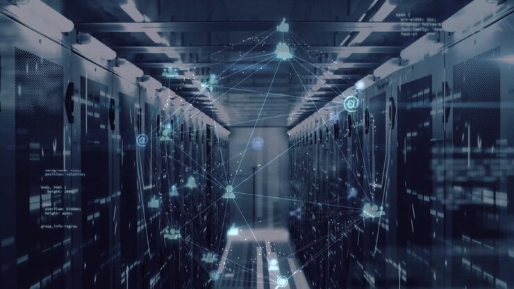 Animation of spinning globe of digital icons, data processing and mosaic squares against server room