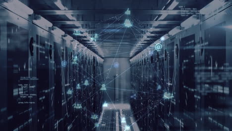 animation of spinning globe of digital icons, data processing and mosaic squares against server room