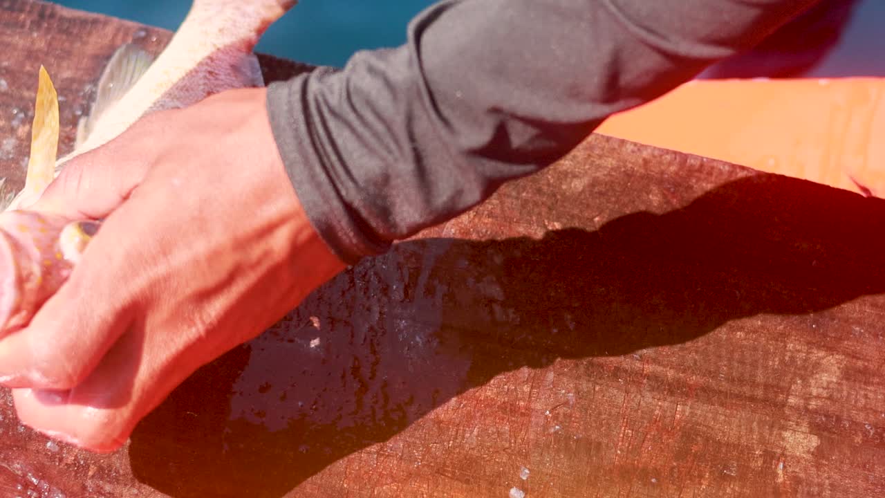 A person skillfully cleans a fish with a cleaver on a wooden surface near the water in Phuket, Thailand