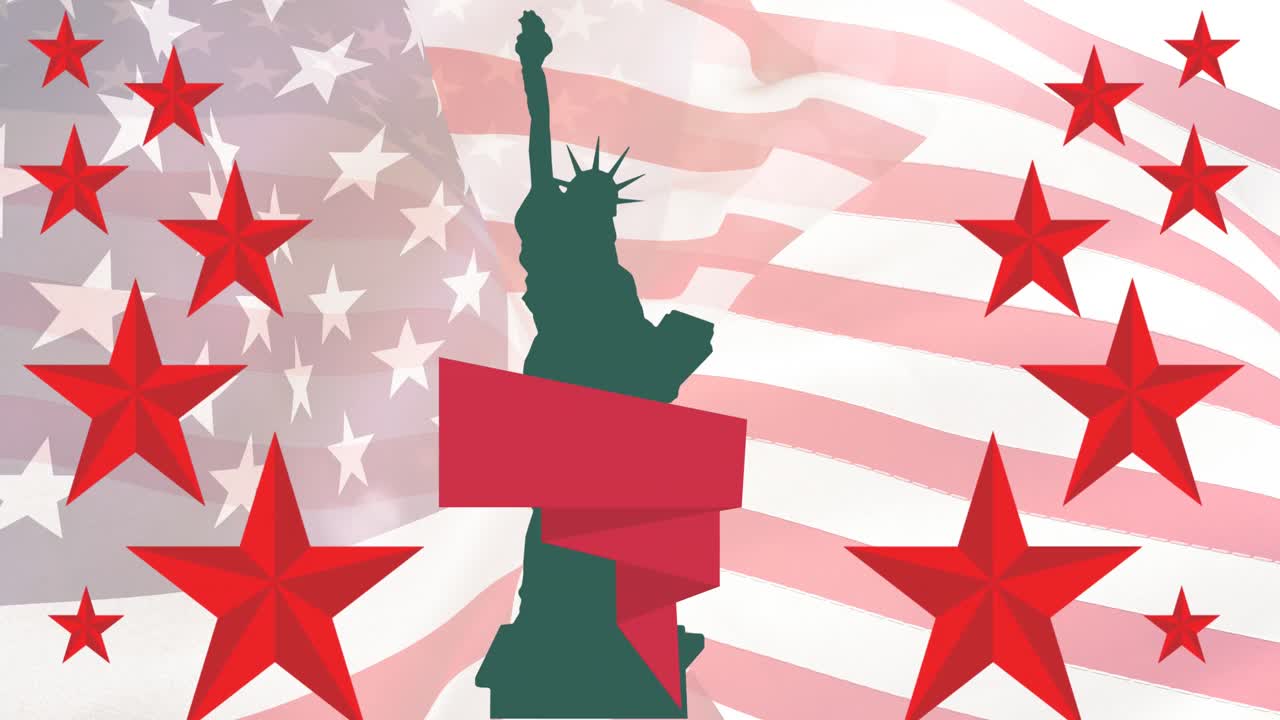 Composition of red stars and banner, with statue of liberty over american flag