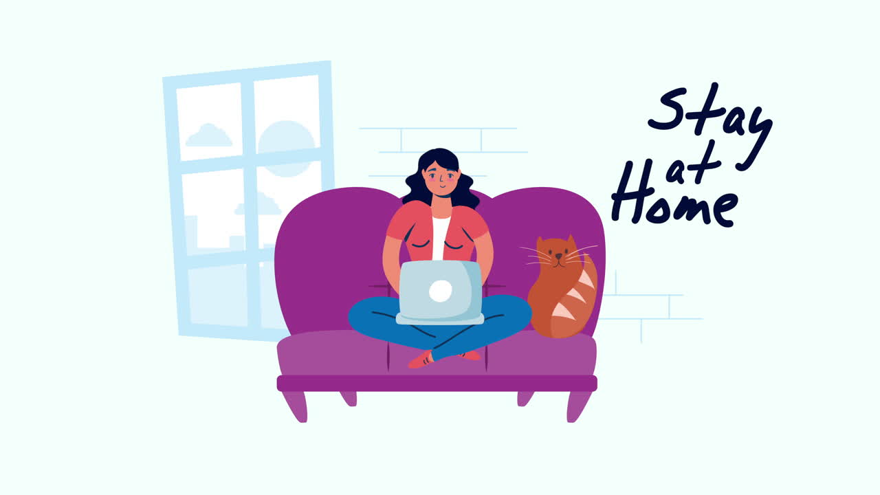고양이와 함께 소파에서 노트북을 사용하는 여성 집에 머물 캠페인