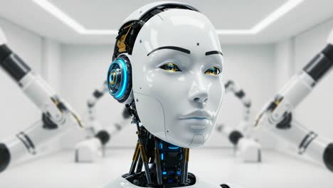 a futuristic robotic figure showcasing advanced ai technology in a minimalist laboratory environment, featured with luminous elements and mechanical contraptions in the background