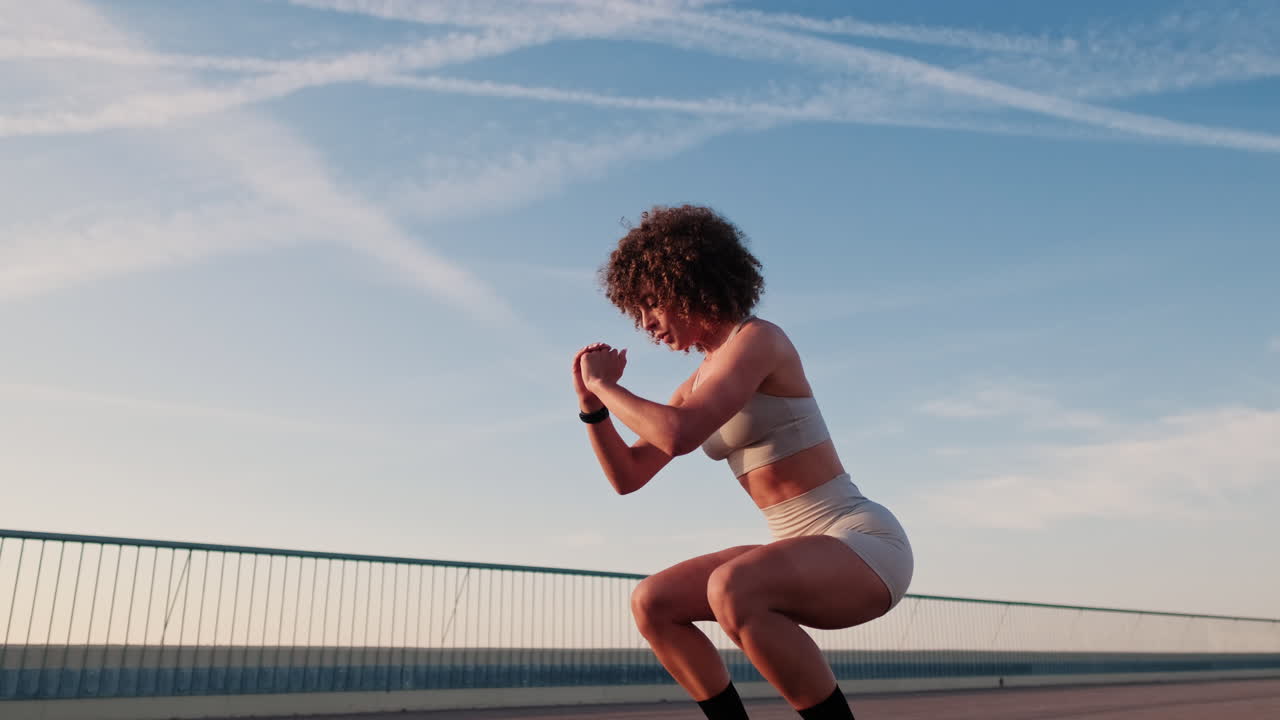 Young Woman Doing Squats on Bridge