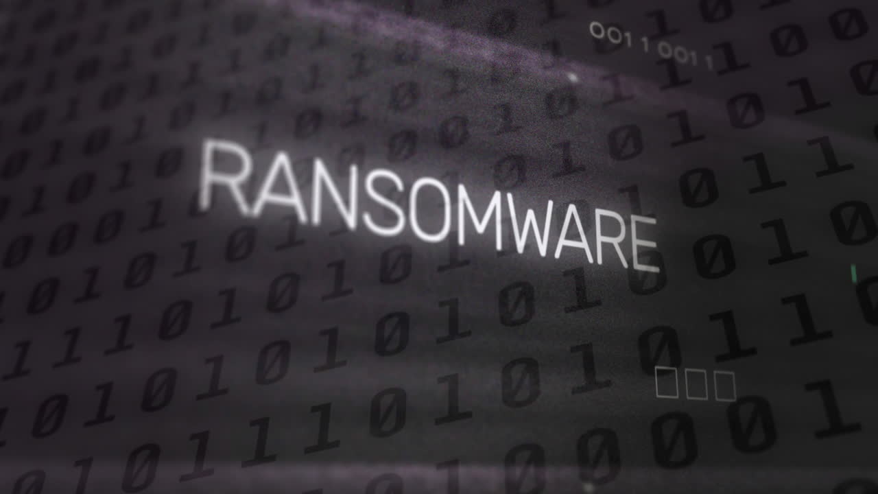Animation of ransomware text and binary coding data processing over computer motherboard