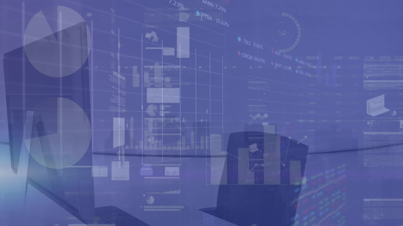 animazione di più grafici, tavole di scambio su sedia vuota e computer in ufficio