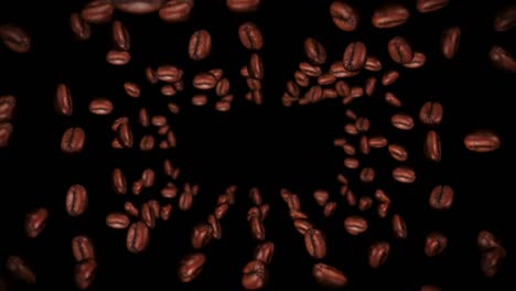 flying many coffee beans on black background. caffeine drink, breakfast, aroma. 3d animation of roasted coffee beans rotating. loop animation.