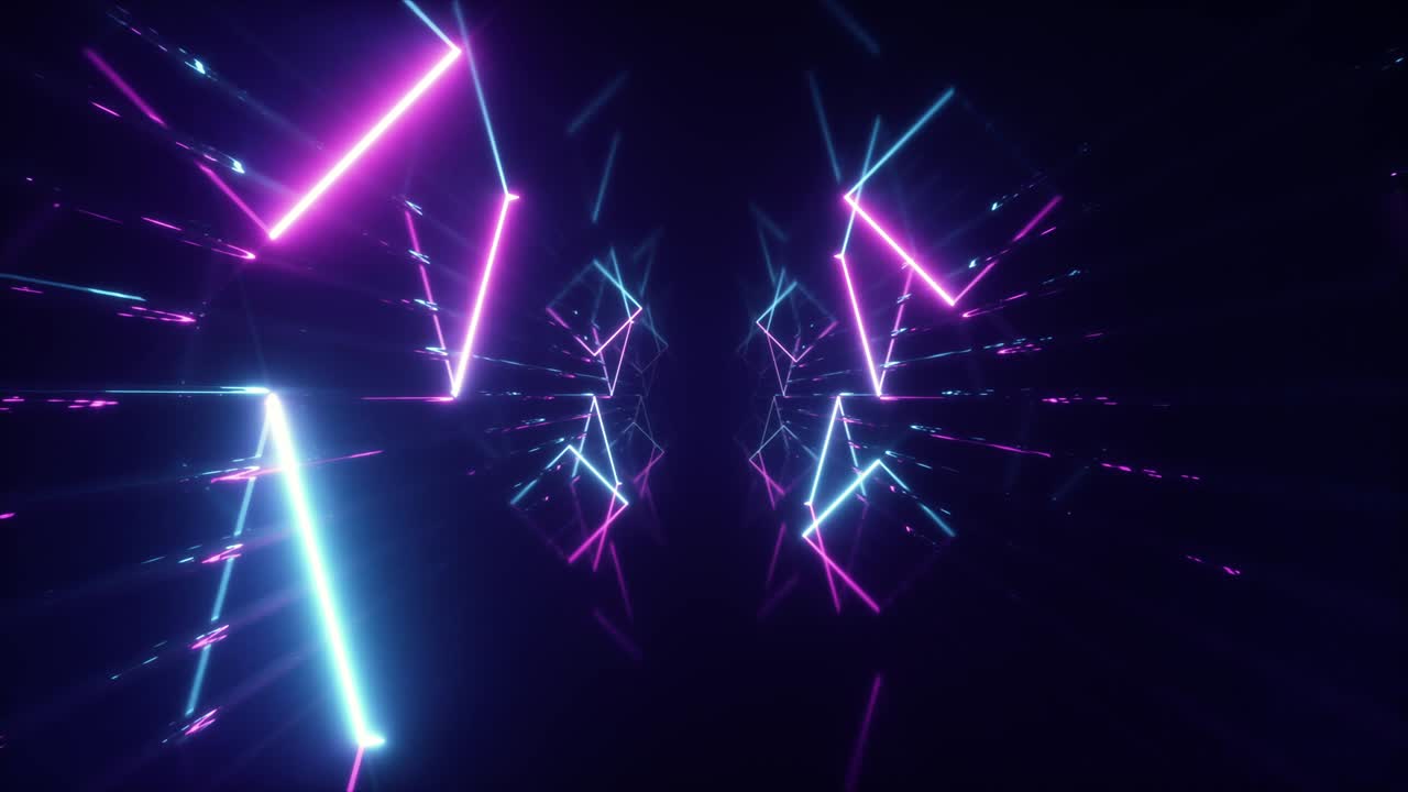Abstract colorful flying in futuristic corridor with hexagons, seamless loop 4k background, fluorescent ultraviolet light, laser neon lines, geometric endless tunnel, blue pink spectrum, 3d render