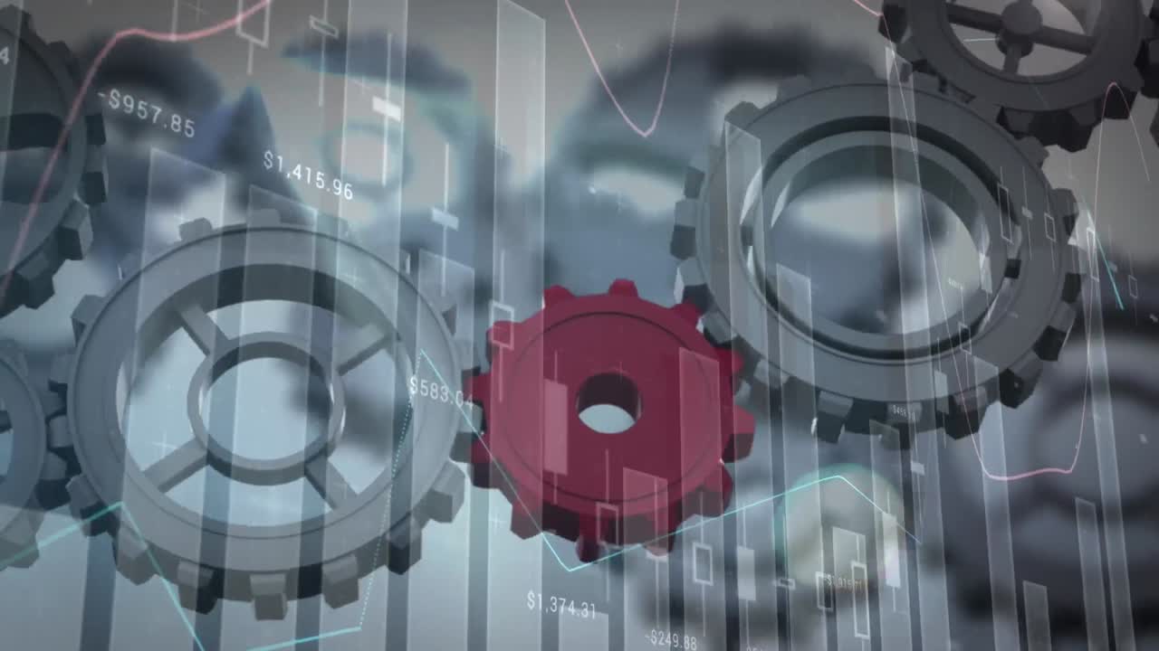 Animation of financial data processing over moving cogs