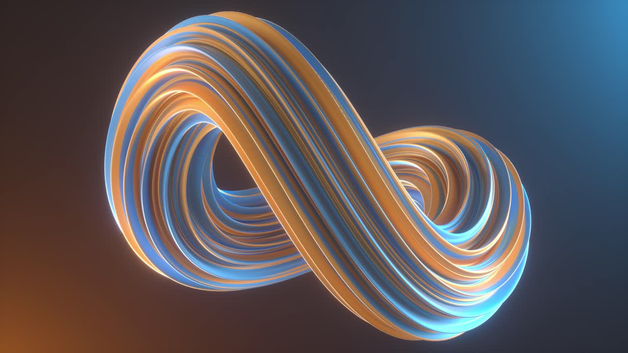 3D animation Of Twisted Colorful blue and orange abstract wave shapes over neon light background