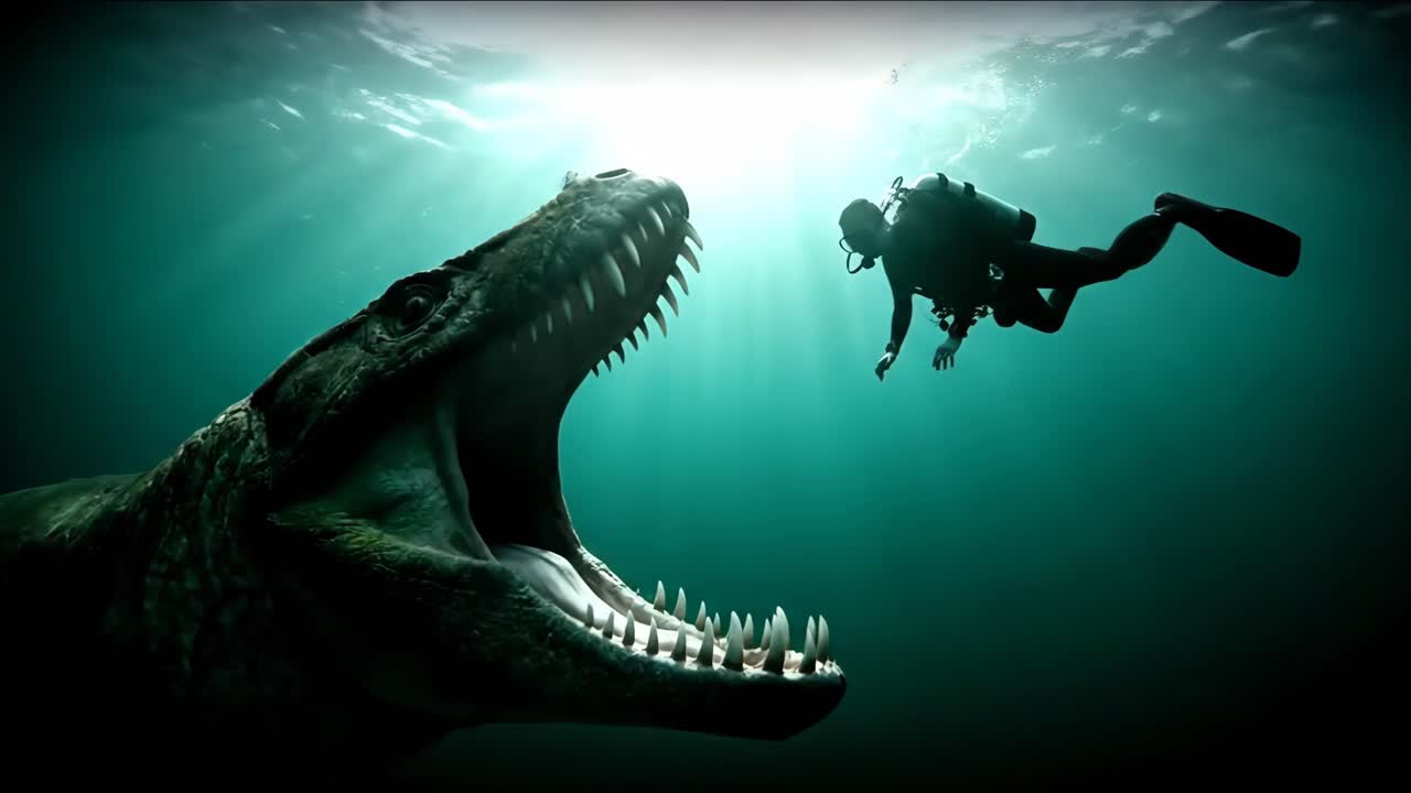 Scuba Diver Encounter with Underwater Dinosaur