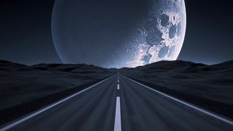 A surreal video scene of a road leading to a massive moon on the horizon, captured from a low-angle