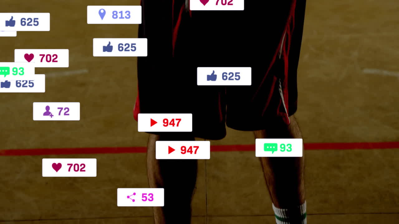 Standing on court, basketball player with animation of social media notifications