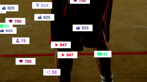 standing on court, basketball player with animation of social media notifications